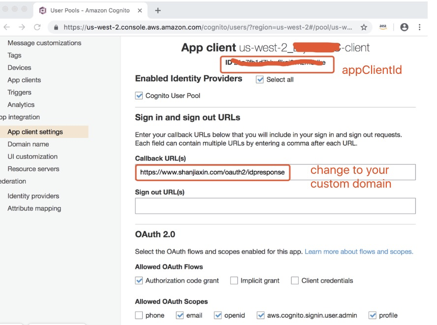 Cognito Application Client Setting