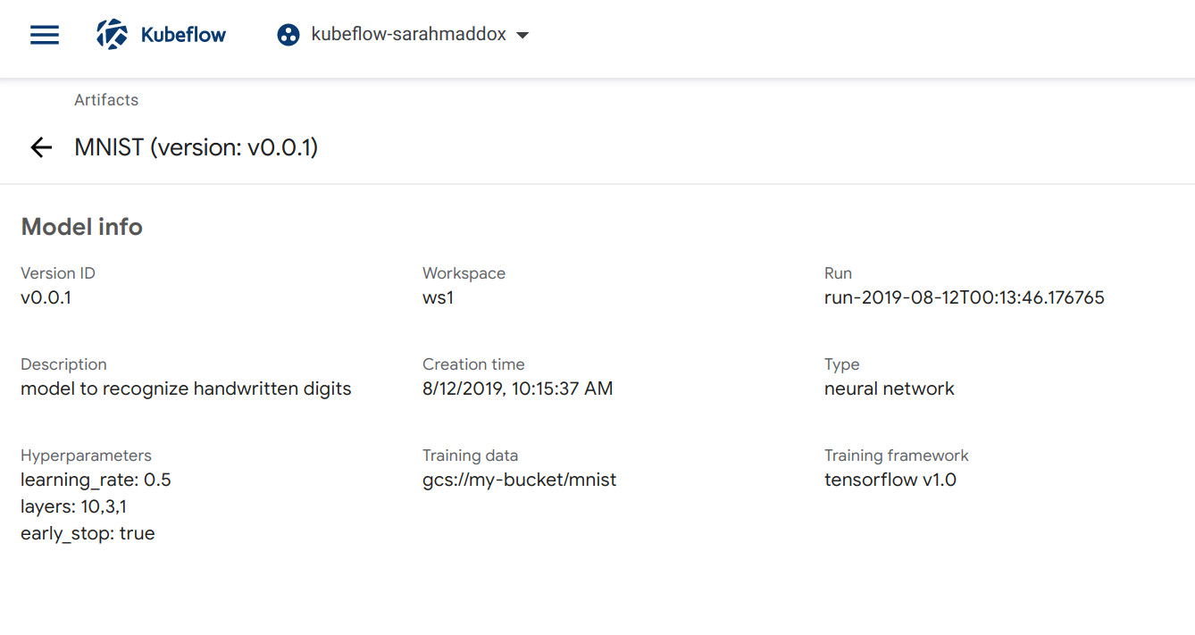 Model metadata for an example MNIST model