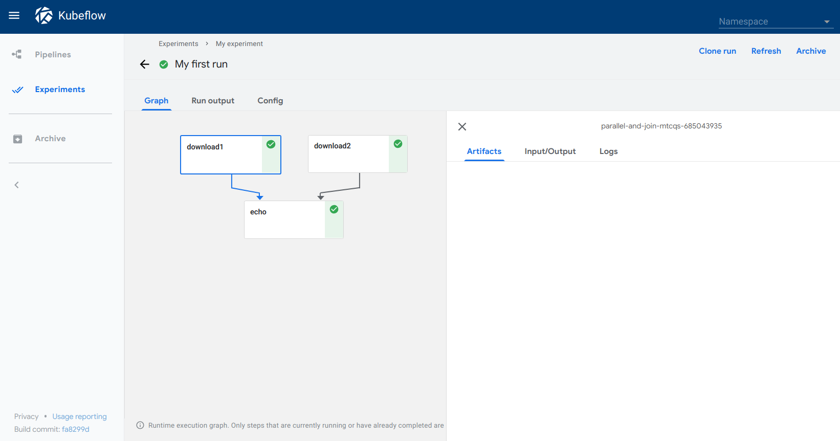 Run results on the pipelines UI