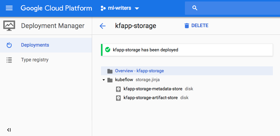 Deployment Manager showing details of the storage deployment entry