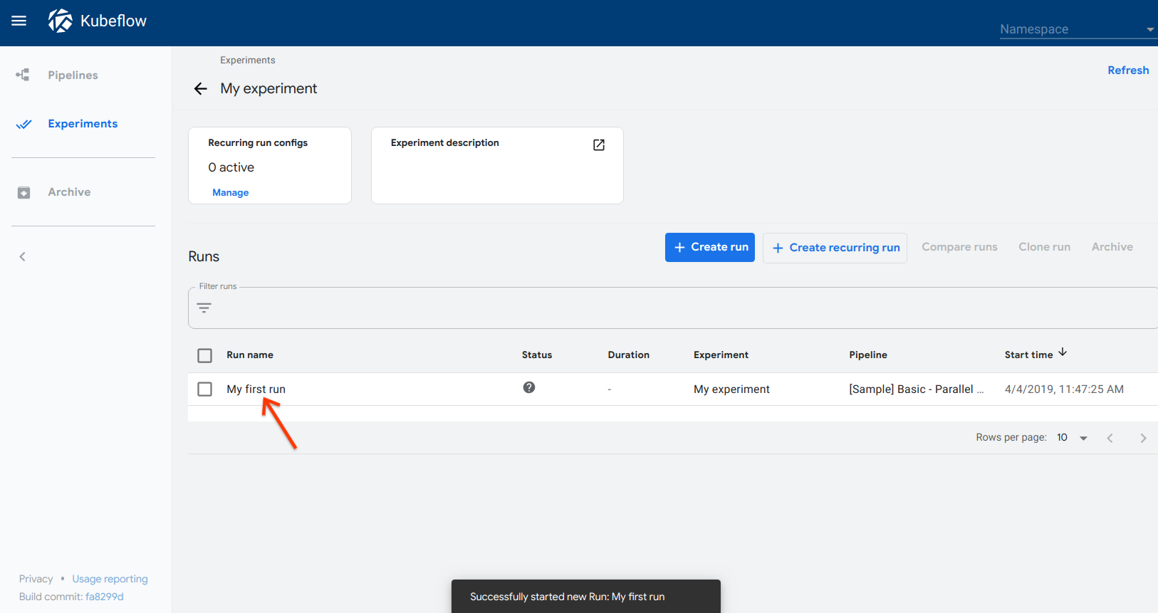 Experiments dashboard on the pipelines UI