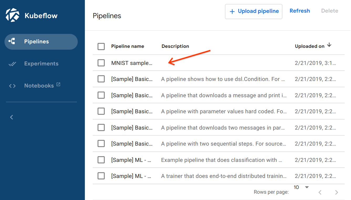 Uploaded pipeline in list of pipelines