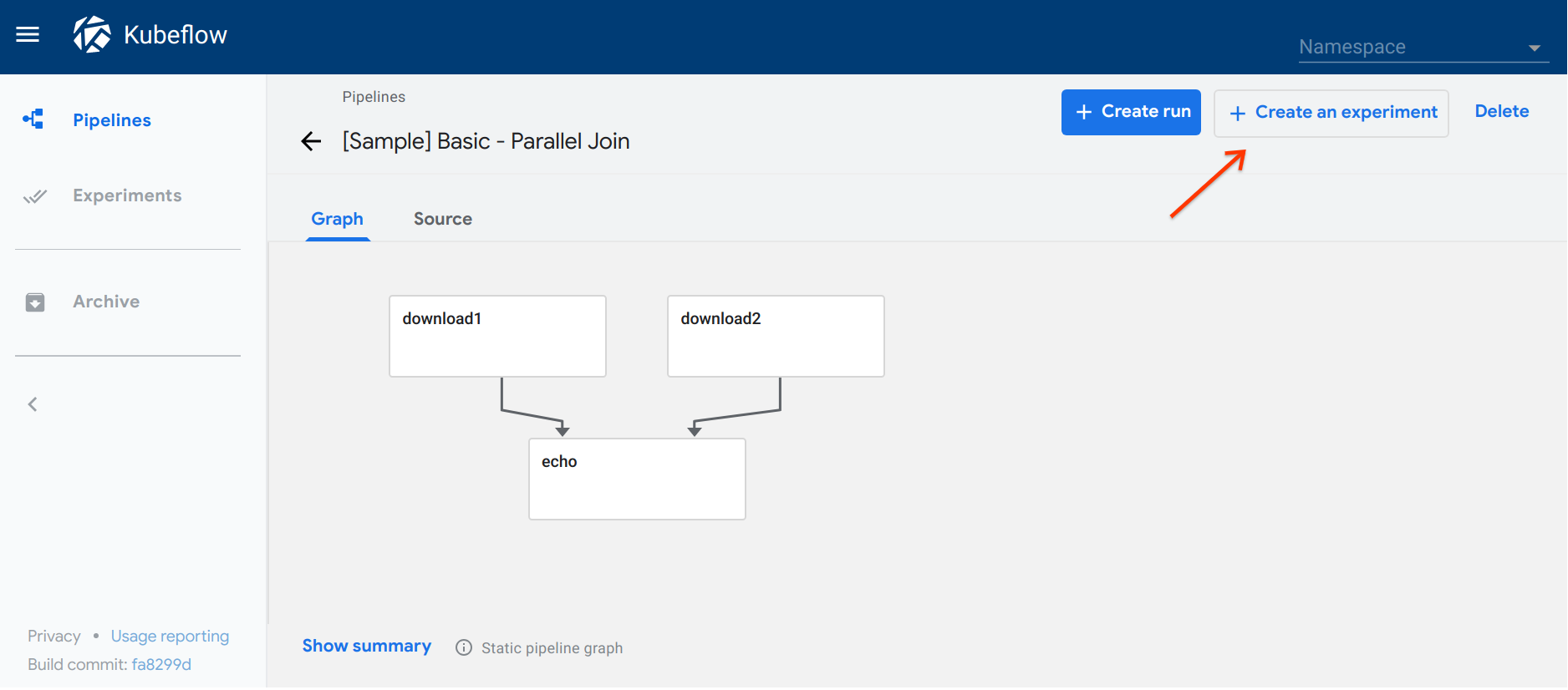 Starting an experiment on the pipelines UI