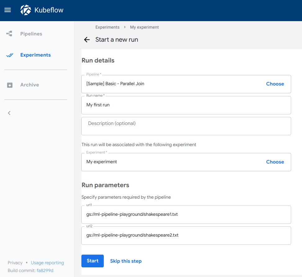 Creating a run on the pipelines UI