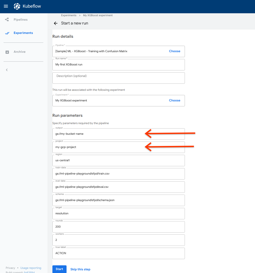 Starting the XGBoost run on the pipelines UI